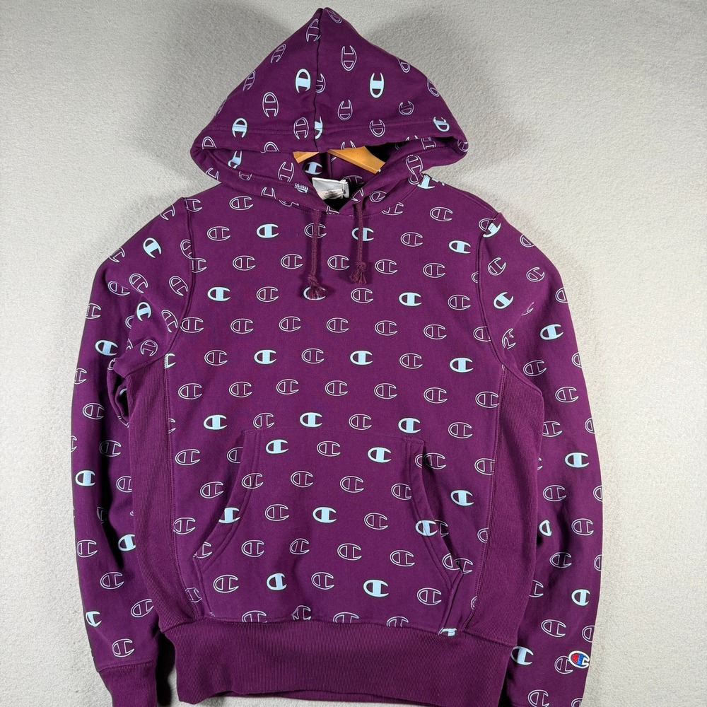 Champion Reverse Weave Purple All Over Logo Print Hoodie Sweatshirt Mens Small